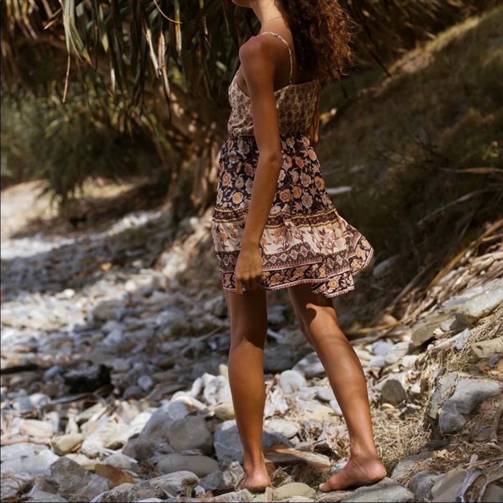 Orange Black Boho Floral Gypsy Print Cami Dress - Picture 3 of 7